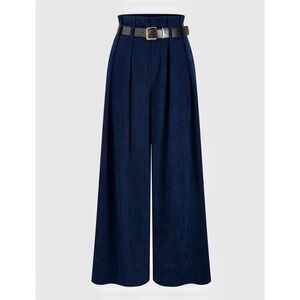 Commense Navy Blue Corduroy Wide Leg High Waisted Pleated Belted Pants Large